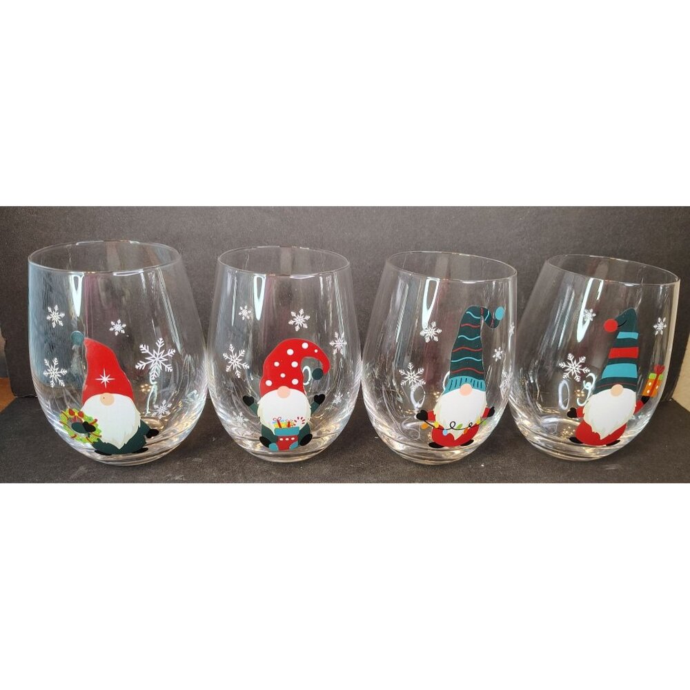 NOS Set of 4 Pier 1 Gnome Glasses, Christmas Stemless Wine, 18oz. New